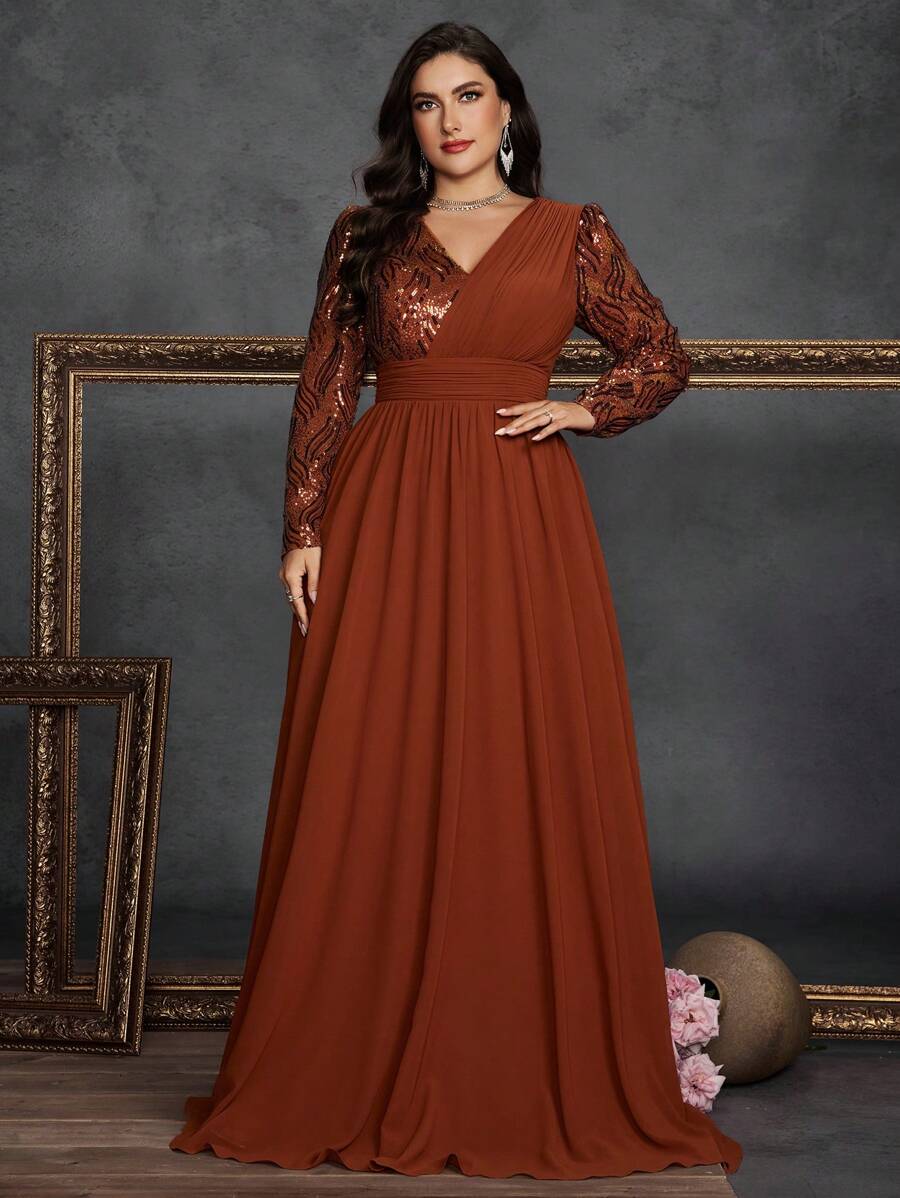 Plus Size Sequin Embellished Chiffon V-Neck Long Sleeve A-Line Formal Evening Gown, Party Dress, Wedding Guest Dress, Evening Dress - 鏽棕色 - 查看 1