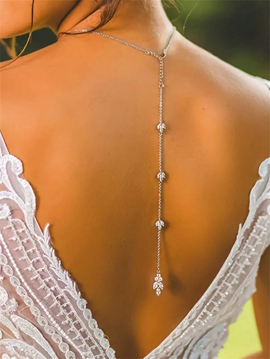 1pc Silver-Plated Rhinestone Leaf Shaped Necklace Chain - Silver - View 1