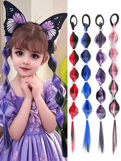 2PCS 16Inch Kids Hair Extensions - Multicolor Mix (Purple, Pink, Blue, Red) DIY Bubble Braids & Heat-Resistant Synthetic Ponytails For Children