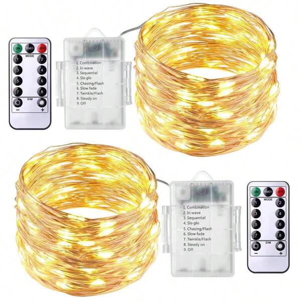1 pièce Guirlande lumineuse à LED blanche chaude, alimentée par batterie avec télécommande et minuterie - 50/100/200 LED, longueur de 16,4 pi/32,8 pi/65,6 pi, modes scintillant et clignotant, pour chambre à coucher, intérieur, mariage, dortoirs, Noël, Halloween, décoration, éclairage de pièce