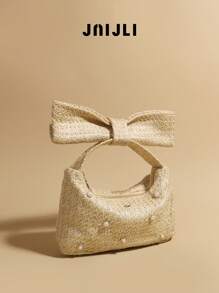 JNIJLI 1 件小众设计自然草编包，时尚精致水钻装饰扣，夏季新款百搭沙滩包，度假编织手提包，蝴蝶结装饰晚装手拿包，适合女士、派对女孩、新娘，非常适合海滩婚礼、派对、晚会、晚宴，是送给女性、母亲、老师、朋友、伴娘的最佳礼物（包括珍珠装饰配件 DIY） - 卡其色 - 查看 2