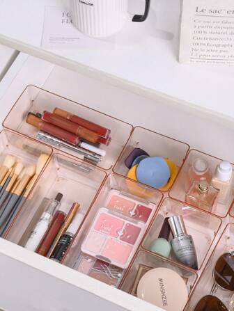 Caja de almacenamiento de cosméticos para el escritorio, Set de combinación de 2 piezas/6 piezas de caja de almacenamiento de plástico transparente rosa, Caja de almacenamiento transparente para tocador, Caja de almacenamiento exquisita, Caja de almacenamiento con divisiones para cajones de escritorio y caja de almacenamiento para maquillaje, joyas, cocina, dormitorio, baño, herramientas pequeñas, oficina, regalo de Navidad, Día de la Madre