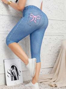 Plus Size Women High Stretch Tight 3/4 Leggings, All-Over Bowknot Print Design Casual Comfortable Knitted Pants, Suitable For Sports, Outdoor Activities - Baby Blue - View 8