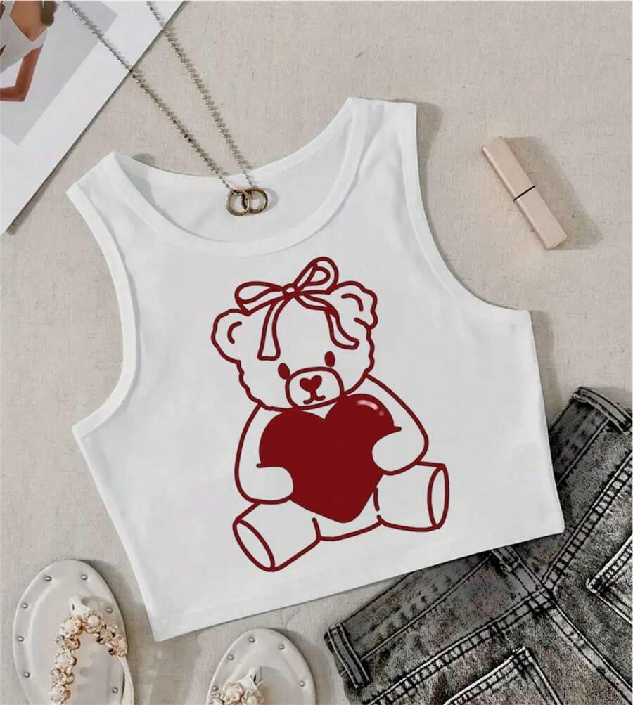 MODAS CHOPIS CRIP TOP CUELLO REDONDO SIN MANGAS SUBLIMADO CON DISEÑO DE OSO CORAZON - Blanco - Ver 1