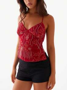 Womens Sequin Cami Tank Top Y2k Sparkly Floral Spaghetti Strap V Neck Slim Fit Camisole Crop Tops Sexy Backless Pearl Embellished Vests Shirts Bling Glitter Rhinestone Going Out Tops Party Club Streetwear - 紅色 - 查看 4