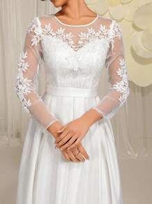 EVERLYL 蕾丝贴花装饰圆领缎面拼接甜心A字型婚纱 - 白色 - 查看 8