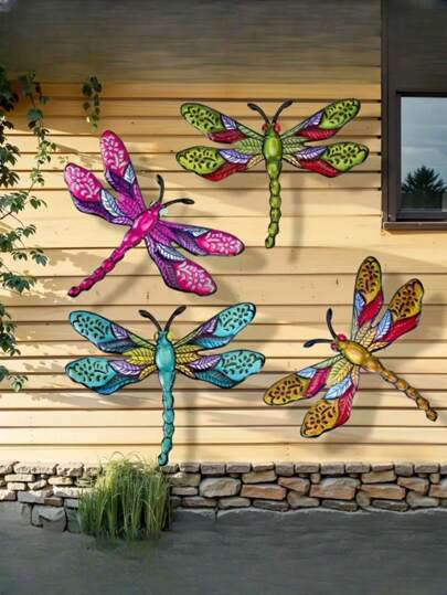 4pcs Metal Dragonfly Wall Art Decors, Colorful Hanging Decorations Suitable For Garden, Outdoor Wall, Balcony, Garage Door, Great Gift For Family And Friends