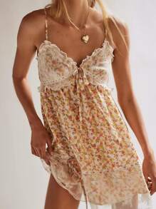 Women's Summer Loose Casual V-Neck Suspender Lace Patchwork Printed Mini Fress For Daily Streetwear - 黃色 - 查看 1