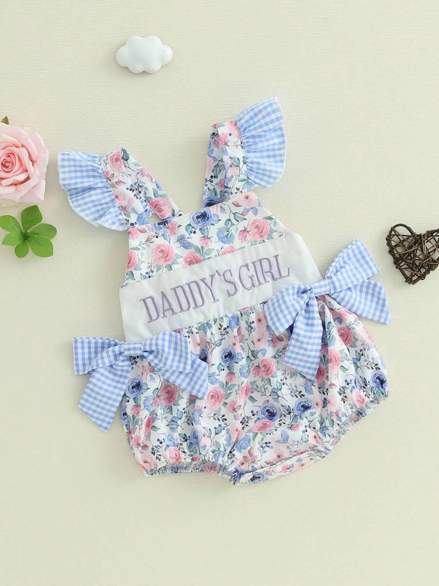 Baby Girls Romper Fly Sleeve Flower Print Embroidery Letters Bow Infant Bodysuit Summer Clothes - Màu xanh lam - Xem 1