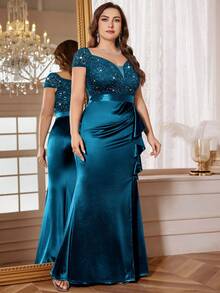 Plus Size V-Neck Contrast Color Lace Sequin Patchwork Ruffle Hem Satin Evening Dress, Suitable For Wedding Guest, Gala, Valentine's Day, Birthday, Homecoming, Graduation, Holiday Occasions Elegant Summer - Dusty Blue - View 6