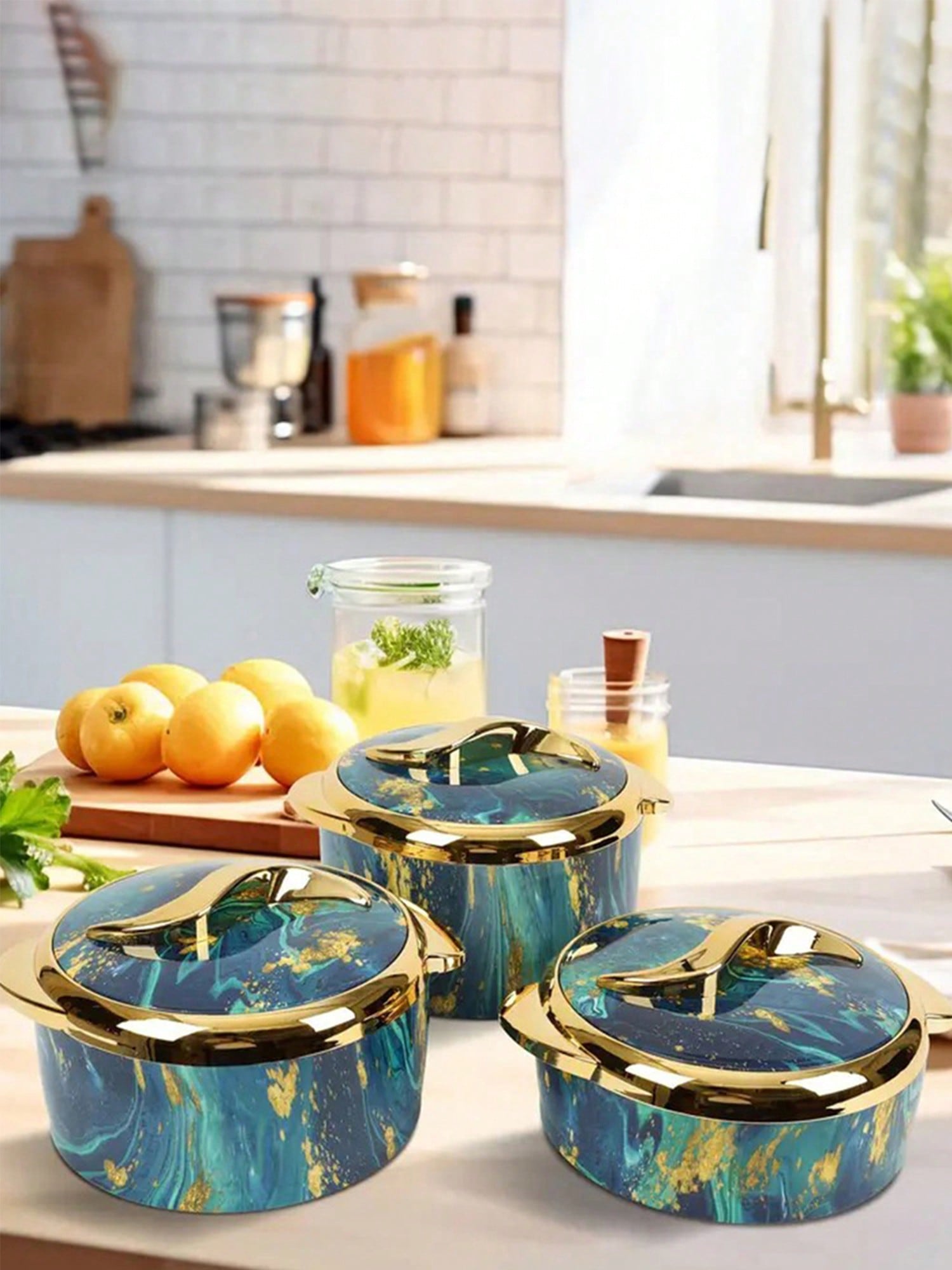 3 قطع، وسادة تدفئة الطعام لمسة ذهبية، طقم أواني تق...