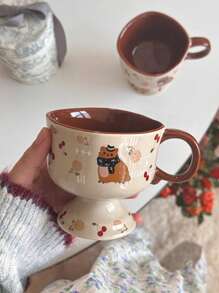 كوب قطة شتوي /خريفي للشفاء، كوب لاتيه خزفي مع رسم قطة وشجرة صنوبر، كوب طويل بلون كراميل للقهوة والحلويات - متعدد الألوان - مشاهدة 4