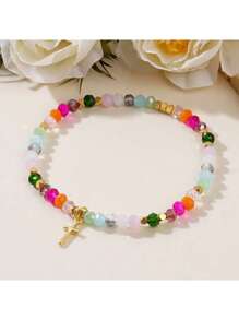 1pc Fashionable Card Cross & Square Crystal Beads Bracelet For Women
