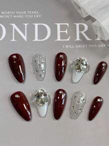 杏仁指甲单件套，樱桃红绒，纯手工假指甲，适合女孩、生日派对、聚会、日常生活按压指甲美甲用品指甲 - 彩色 - 查看 10