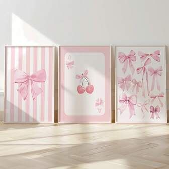 3 piezas Cuadros de arte de pared en acuarela con lazos rosas, impresiones de lienzo con motivos femeninos, decoración póster elegante para dormitorio, sala de estar u oficina, apartamento universitario sin marco