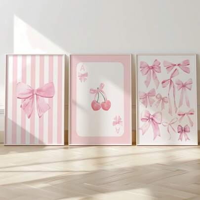 3pcs Pink Bow Watercolor Wall Art Picture Girly Canvas Prints Paintings Preppy Poster Decor For Bedroom, Living Room, Or Office College Apartment Room Decor No Frame