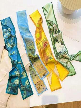 4 Packs Vintage Oil Painting Print Headbands Set - Silk Hair Scarf & Band For Women & Girls | Bohemian, Party, Wedding, Everyday Hair Accessories (4 Styles) Turban Headband Sweatband, Hairband Fall Winter Hair Band For Vacation Outfits Woman Women Bandanas Soft Headwrap