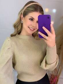 Women's Winter Cold Weather Puff Sleeve Princess Long Pleated Knit Sweater Top - 沙 - 查看 1