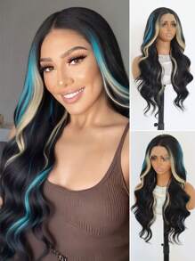 Long Wavy Ombre Highlight Blue To Brown Colorful Lace Front Wigs With Bangs For Women Long Curly Natural Heat Resistant Fiber Synthetic Blue Mixed White Wigs For Halloween Daily Use Party Cosplay