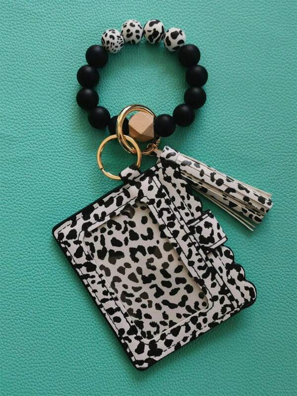 Brazalete de silicona con estampado de leopardo blanco, portador de tarjetas con borlas, bolsa de monedas con estampado de lunares de leopardo, Charm de bolso para mujer, billetera mini, monedero, llavero, portador de tarjetas