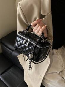 1pc Fashionable PU Quilted Embroidered Box Bag, Versatile Zipper Closure Small Square Handbag With Chain Strap For Women - Black - View 3