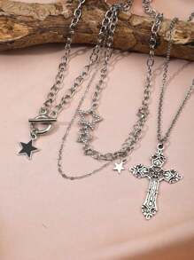 3pcs/Set Fashionable Ins Style Black Star Rhinestone, Comet, Cross Y2K Necklace Set For Women, Edgy Goth Cross Necklaces With Delicate Rhinestone Decor, Choker Design