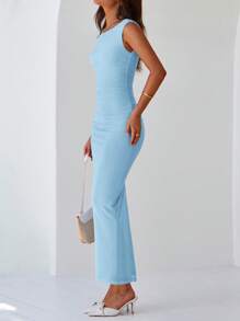 Women Elegant One Shoulder Mesh Maxi Dress Maxi Dress Summer Sleeveless Ruched Slit Back Bodycon Dress Formal Cocktail Wedding Guest Night Out Evening Valentine's Day Long Maxi Dress - xanh nhạt - Xem 3