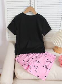 Set de 2 piezas de pijama informal para niñas con camiseta de manga corta y pantalones cortos: Ropa de casa con estampado de letras lindas, nueva llegada 2025, para niñas grandes