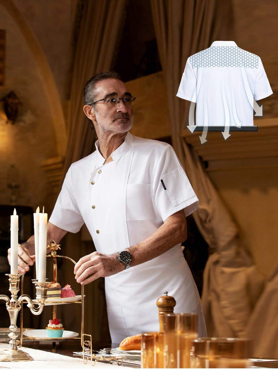 Plus Size Premium Custom Chef Jacket, Short Sleeve, Soft Fabric, Skin-Friendly, Breathable, Durable, Unisex Design, Suitable For Catering, Bakery, Hotel, Restaurant, Summer Short Sleeve, Work Uniform, White Chef Coat, Executive Chef Uniform - White - View 1