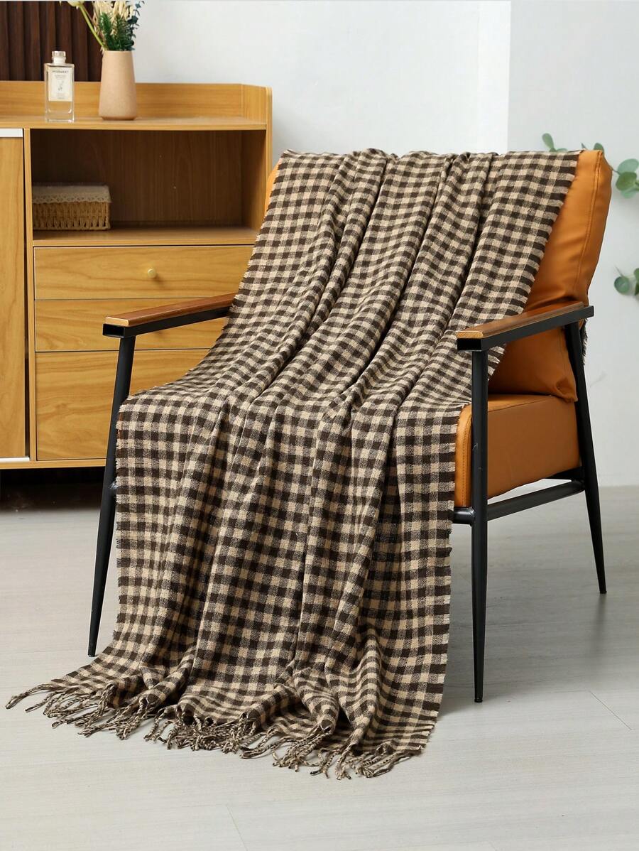 A Two-Color Plaid Woven Sofa Blanket, Casual Style Polyester Rectangular Fringed Small Cover Blanket, Suitable For Office Lunch Break And Daily Use - 卡其色 - 查看 1