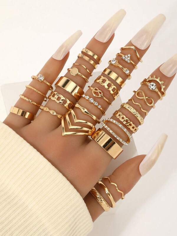 27/30 Pieces/Elegant Lady, Couple Ring, Fashion Simple Chain Design Inlaid Artificial Rhinestones, Suitable For Daily Party Accessories Collocation