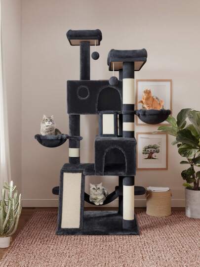 SHA CERLIN 65 In Larger Cat Tree Tower Condo For Indoor Cats, Multi-Level Furniture Activity Center With Wide Base/Cozy Plush Cat Perches/Baskets/Sisal Scratching Posts And Hammock * Bed Frame Queen Queen Bed Frame Bed Frame Full Full Size Bed Frame King Size Bed Frame Twin Bed Frame Room Decor Home Decor Christmas Decor Bedroom Decor Valentine Day Decor Storage Living Room Decor Furniture House Decor