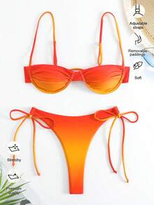 Conjunto de bikini de parte superior e inferior de unicolor, con diseño de empalme, sexy y de moda para vacaciones en la playa en verano, color rojo - Rojo - Ver 2