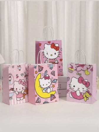 Sanrio 12 piezas Bolsas de regalo para fiesta de cumpleaños de Hello Kitty de Sanrio, bolsas de caramelos de Hello Kitty, bolsas de obsequio de Hello Kitty, bolsas de papel de Hello Kitty, decoraciones y suministros para fiestas de cumpleaños de Hello Kitty, decoraciones para fiestas de cumpleaños y día de la madre de Hello Kitty (Hay una ligera impresión de color en la superficie de las bolsas, lo cual es normal. Los estilos son aleatorios).