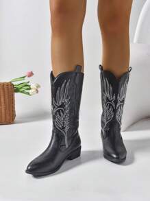 2025秋冬优雅女士时尚刺绣西部靴，高跟刺绣西部靴，时尚刺绣牛仔靴，白色、棕色和黑色一脚蹬中筒平底女靴 - 黑色 - 查看 4