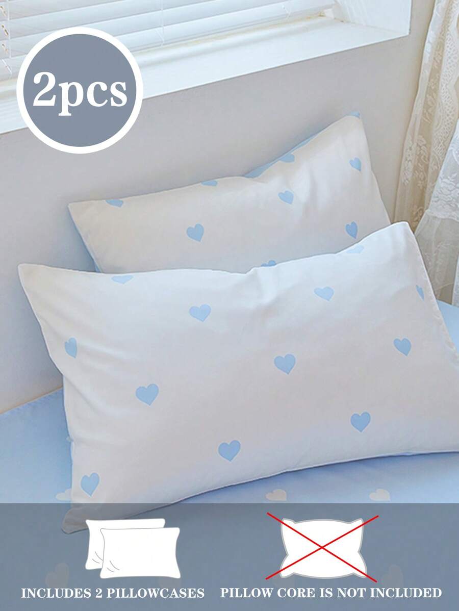 2-Piece Set, Light Blue Small Heart Print, Super Soft, Cute Girl Pattern, Fresh And Compact, Suitable For Spring/Summer Use, Bedding, Pillow Inserts Not Included, Twin/Full/Queen/King Size - Blue and White - View 1