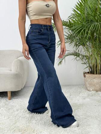 Blue Elastic Travel/Office/Vacation Fashion Flare Leg Jeans For Women