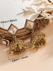1 Pair Retro Boho Rhinestone Rhombus Earrings With Bells And Tassels, Court Style Jewelry Suitable For Women's Daily, Festival, Wedding And Party Wear/Jewelry Gift - Multicolor - View 3