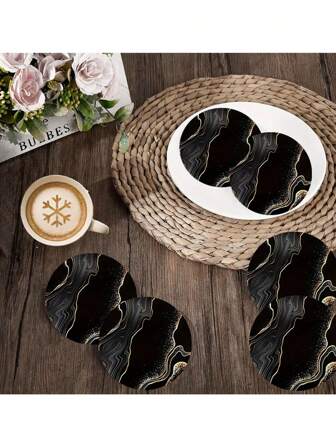 6 件/套黑色和金色大理石图案木杯垫，耐热木杯垫，适合家庭、下午茶、咖啡，适合家庭、办公室和餐厅，四季使用