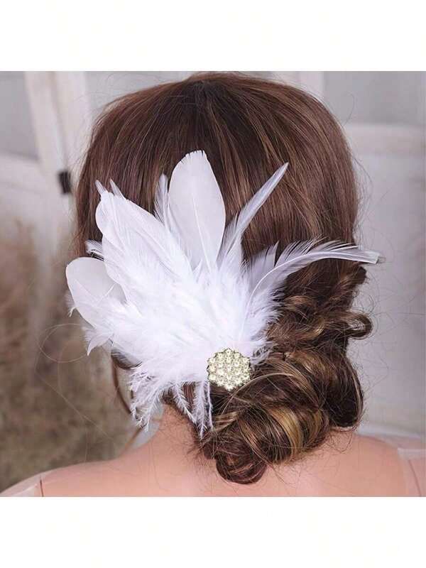 Natural Feather Hair Clip, Bridal Accessories, White Hair Clip, Vintage Barrette Hair Clip For Wedding, Pageant, Party
