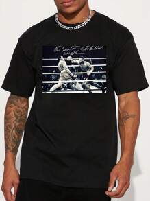 Momentos Clásicos de Campeones del Boxeo Impresos en una Estilosa Camiseta de Streetwear Americana con Letras de Graffiti, Adecuada para Hombres y Mujeres, Perfecta para Parejas. - Negro - Ver 1