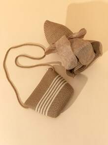 2Pcs Women Khaki Beach Sun Visor Wave Straw Hat & Crossbody Straw Tote Bag Set, Suitable For Travel & Vacation