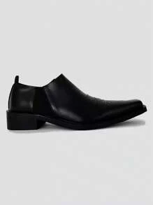 Men's Business Formal Embroidery Slip-On Square Toe Casual Leather Loafers, Elastic Band, Thick Square Heel, Fashion