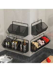1pc,Piece Wall Mounted Kitchen Storage Basket - Multi-Functional Rack Organizer For Vegetables, Garlic, Onions - Durable Metal Shelf Case - Suitable For Small Kitchen And Bathroom Storage, No Battery Required, Made Of Other Materials(Please Observe The Size Information Carefully)