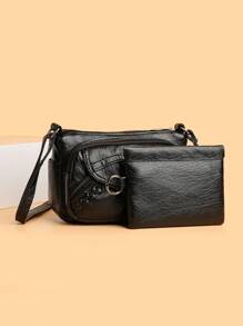 复古风格单肩包，纯色绗缝斜挎包，配有可调节肩带，多个口袋，容量大，重量轻，拉链开合，涤纶衬里，适合日常通勤、工作、旅行 - A - 查看 8