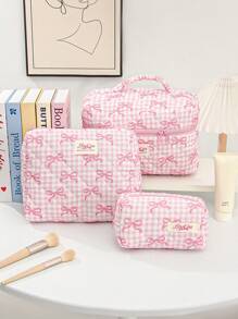1 Peça Bolsa de Cosméticos Quadriculada Rosa para Mulher, com Zíper e Portátil, Fashionável e Fofa com Grande Capacidade, Acolchoada, Adequada para Armazenamento de Cosméticos, para Presente de Aniversário, para Dia da Mãe, Conjunto de Viagem de Estilo Doce