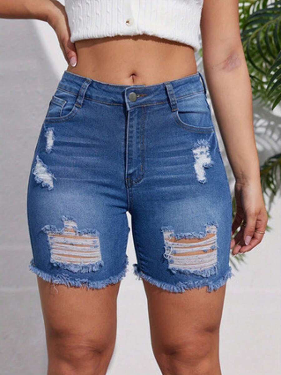 Los últimos pantalones cortos vaqueros rotos son relajados, altos y delgados, con armas afiladas. - Azul lavado medio - Ver 1