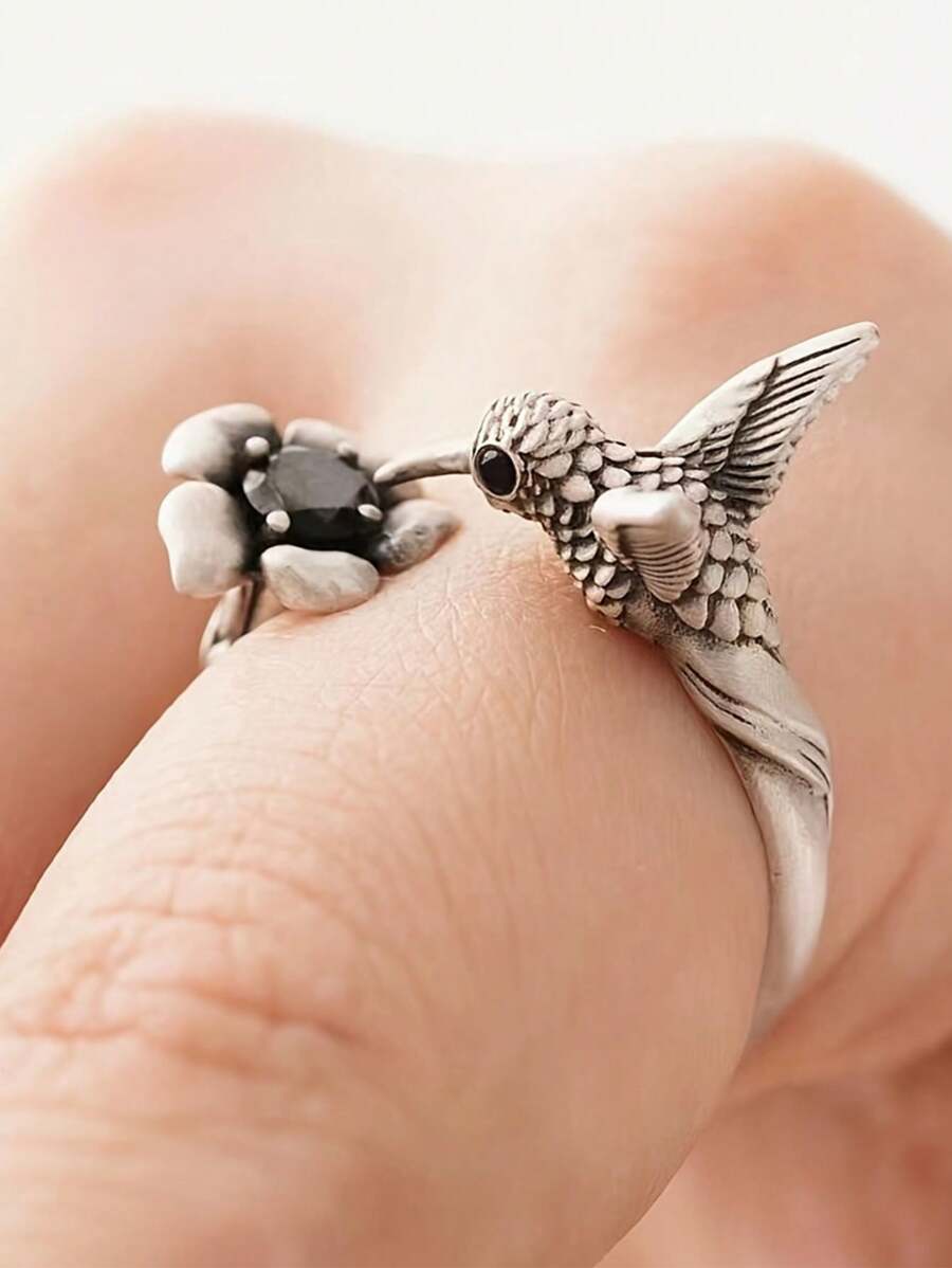 1pc Vintage Bronze Hummingbird & Floral Design Open Ring For Women