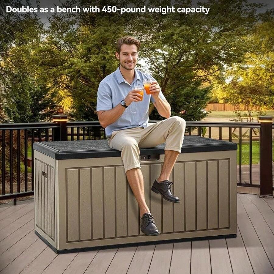 YITAHOME 200 Gallon Large Deck Box, Double-Wall Resin Outdoor Storage Box With Flexible Divider Patio Cushions Pool Supplies Garden Tools, 990 Lbs Load Capacity, Lockable (White) - 黑色和棕色 - 查看 1