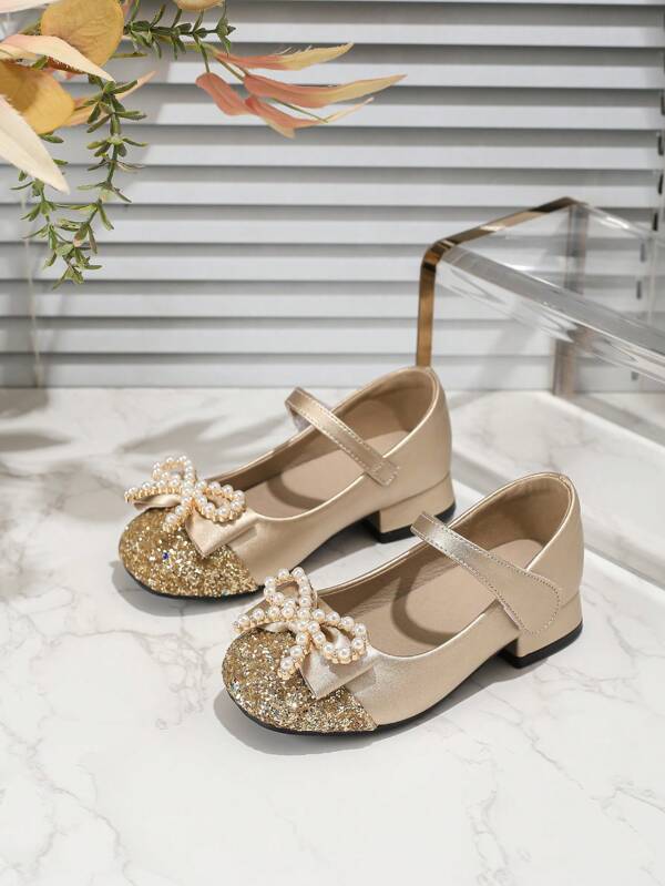 Zapatos de tacón alto de princesa para niñas, zapatos de actuación dorados para estudiantes, zapatos con lazo para niñas, zapatos de tipo Mary Jane, zapatos de pasarela con lentejuelas para niñas